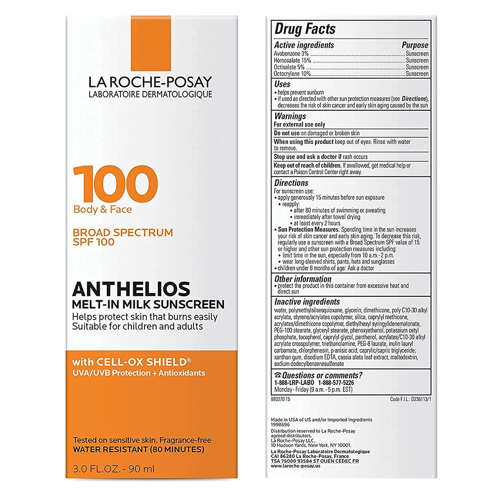 La Roche-Posay Anthelios Melt-In Milk Body & Face Sunscreen Lotion Broad Spectrum SPF 100, Oxybenzone & Octinoxate Free, Sunscreen for Kids, Adults & Sun Sensitive Skin, Unscented, 3 Fl Oz