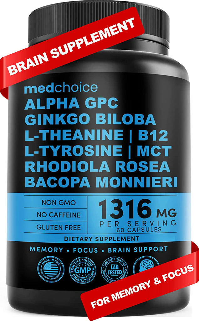 10-In-1 Nootropic Brain Supplements: Memory & Focus Supplement with Ginkgo Biloba, L Theanine, Alpha GPC Choline - 1316Mg, 60Ct - Stimulant Free, Vegan, Non-Gmo - Focus Brain Support (1 Pack)