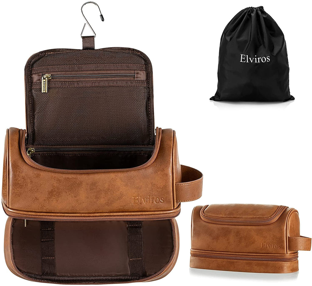 "Travel in Style with Elviros Toiletry Bag - Premium Leather Organizer Kit with Hanging Hook for Men and Women - Spacious and Water-Resistant - Perfect for Bathroom Shaving Essentials (Dark Brown)"