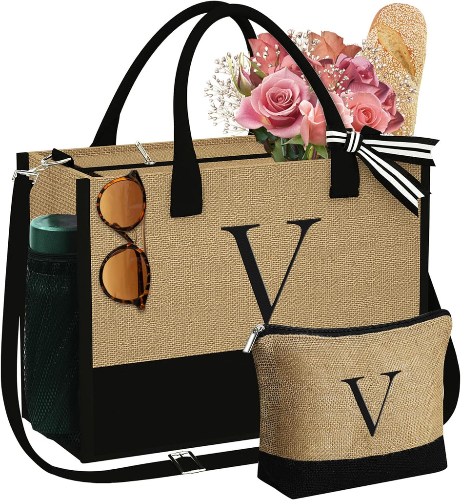 "YOOLIFE Personalized Initial Jute Tote Bag & Makeup Bag Set - Stylish Christmas Gifts for Women with Adjustable Strap - Perfect Birthday Surprise!"