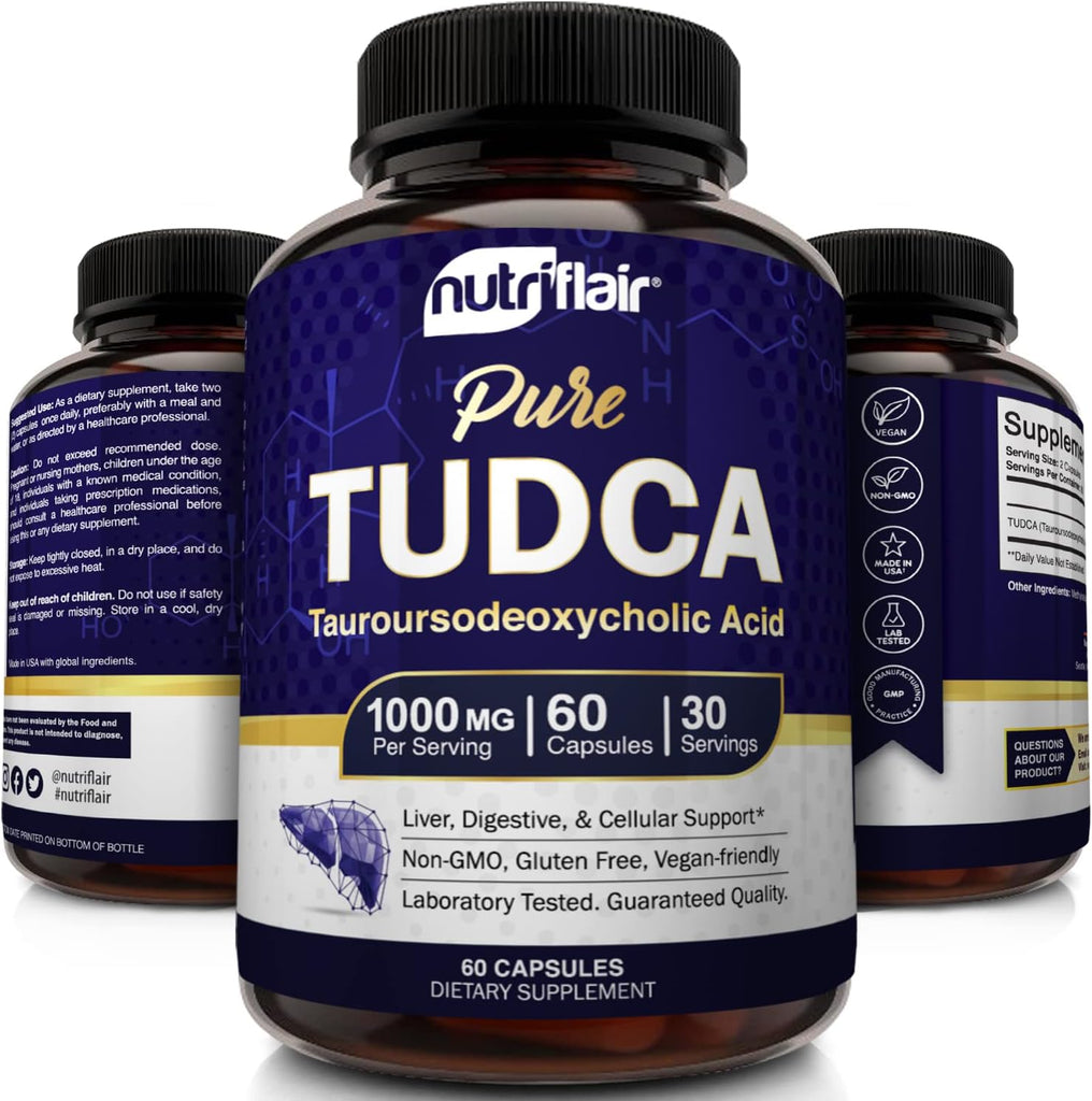 "Detoxify and Revitalize Your Body with Nutriflair Pure TUDCA 1000Mg - Ultimate Liver, Kidney & Gallbladder Support! Boost Your Health with Premium Tauroursodeoxycholic Acid Bile Salts, Made in USA. 60 Capsules of Non-GMO, Gluten-Free Goodness!"
