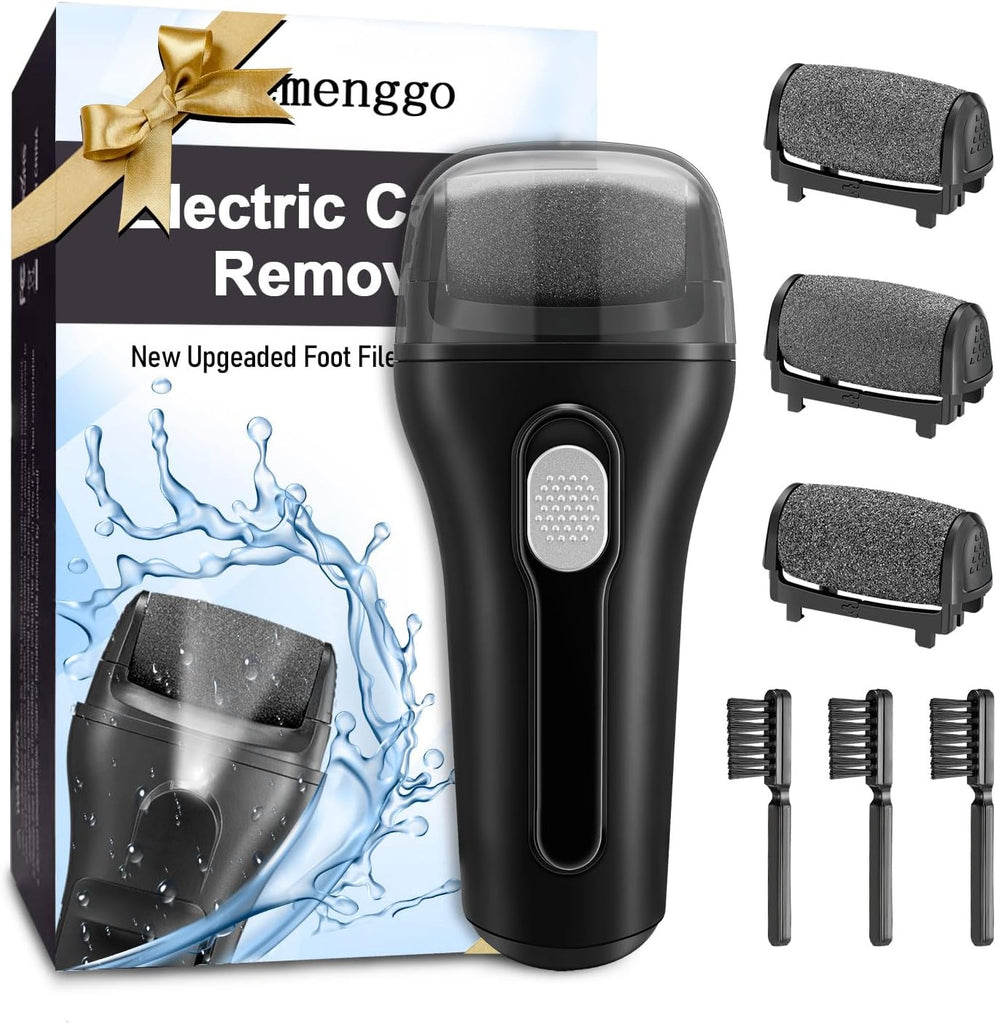 "Get Smooth and Beautiful Feet with our Electric Foot Scrubber - Waterproof, Portable and Perfect for Removing Hard and Cracked Dead Skin - Includes 3 Rollers and Battery Insertion - Great Christmas Gift - Sleek Black Design!"