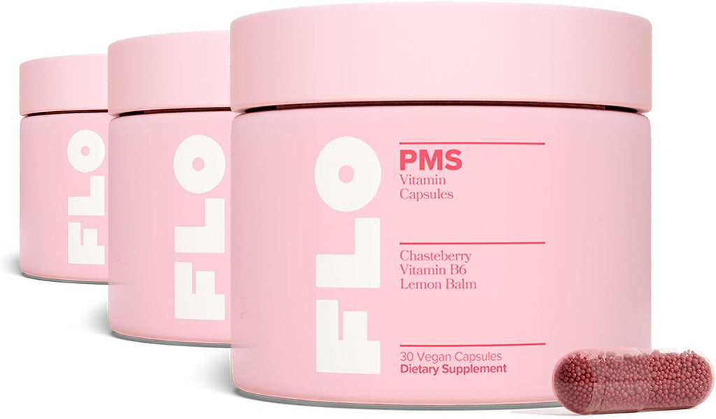 FLO PMS Vitamins Capsule for Women, 30 Servings (Pack of 1) - Proactive PMS Relief - Targets Hormonal Acne, Bloating, Cramps, & Mood Swings with Chasteberry, Vitamin B6, & Lemon Balm