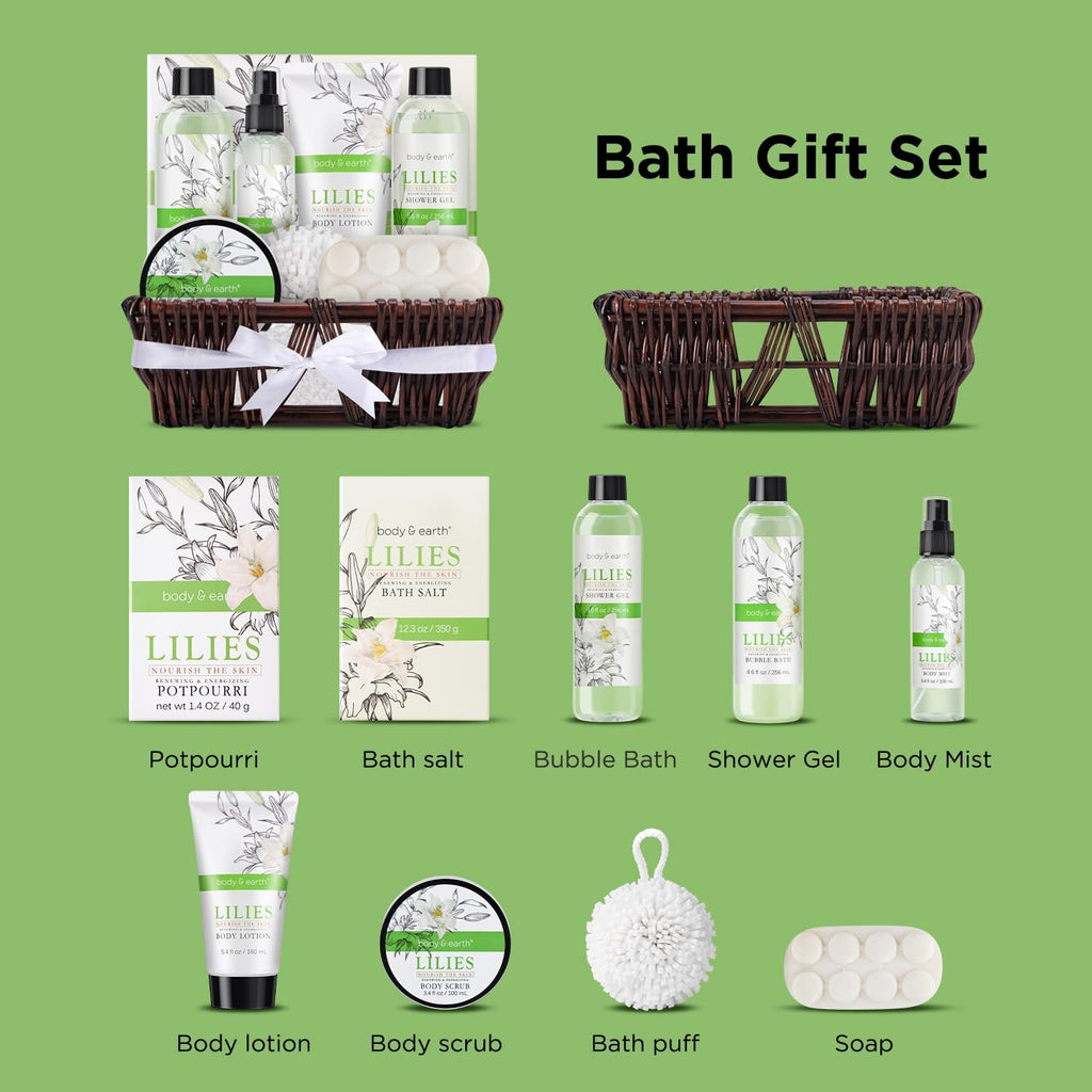 "Luxurious Lily Home Spa Gift Basket - Indulge in the Ultimate Bath and Body Experience with Body & Earth's 10 Piece Set for Women"
