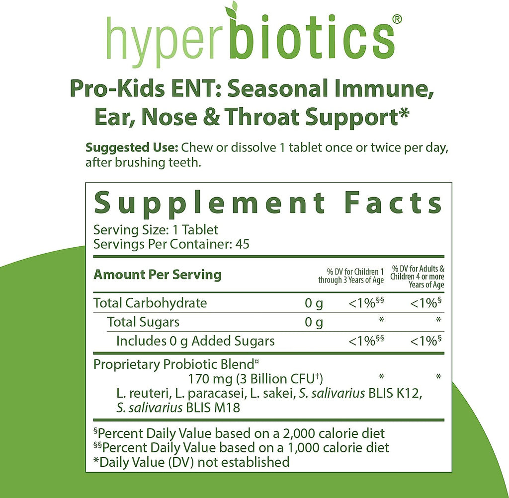 Hyperbiotics Vegan Chewable Probiotics for Kids ENT | Ears, Nose, Throat | Tablets for Children, Strawberry Vanilla | Sugar Free | Digestive Health & Immune Support | 45 Count