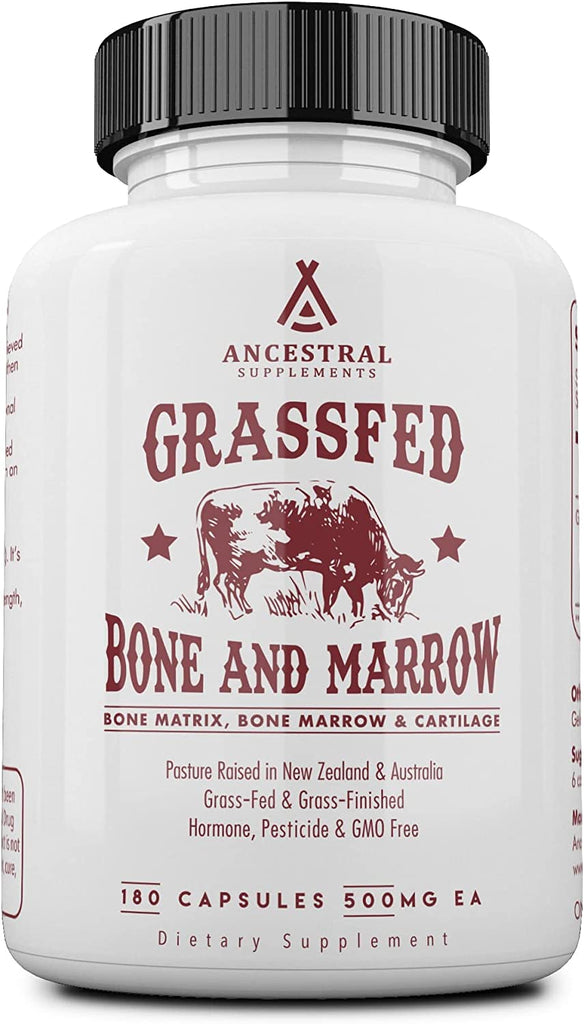 Ancestral Supplements Grass Fed Beef Bone and Marrow Supplement, 3000Mg, Skin, Oral Health, and Joint Support Supplement Promotes Whole-Body Wellness, Non-Gmo Whole Bone Extract, 180 Capsules