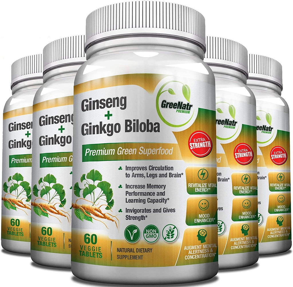 Panax Ginseng + Ginkgo Biloba Tablets - Premium Non-Gmo/Veggie Superfood - Traditional Energy Booster and Brain Sharpener - Unique Twin Supplement Combines Ginseng and Ginkgo Biloba 60 Veggie Tablets