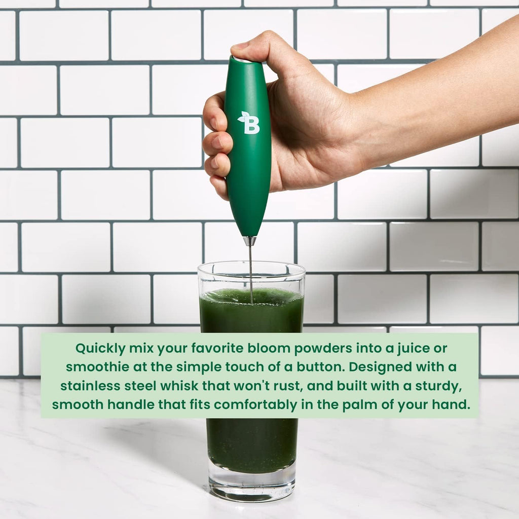 "Bloom Nutrition Milk Frother Hand Mixer: The Ultimate Stainless Steel Electric Matcha Whisk for Perfectly Frothed Coffee, Greens, Protein & More! Convenient Battery Operation, Effortless Cleaning, and Whisk Stand Included!"