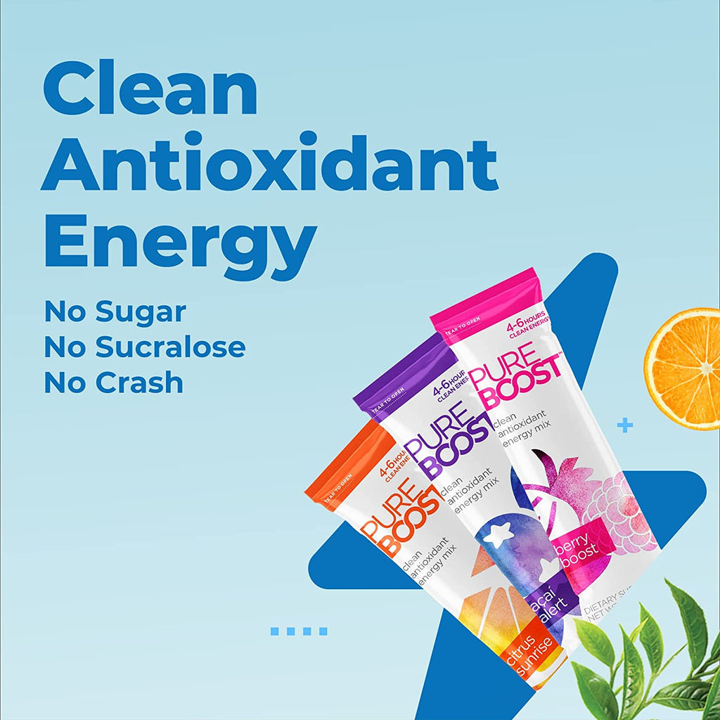 Pureboost Clean Energy Drink Mix + Immune System Support - Sugar-Free Energy with B12, Multivitamins, Antioxidants, Electrolytes (Combo Pack, 30 Stick Packs) FREE DELIVERY