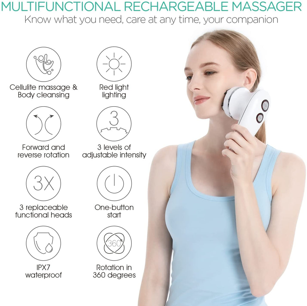 "Ultimate Cordless Deep Tissue Massager with Silicone Face Brush - Say Goodbye to Cellulite and Relax Your Body from Head to Toe - 3 Multi-Functional Heads, Waterproof & Rechargeable - VRMM1-NEW"