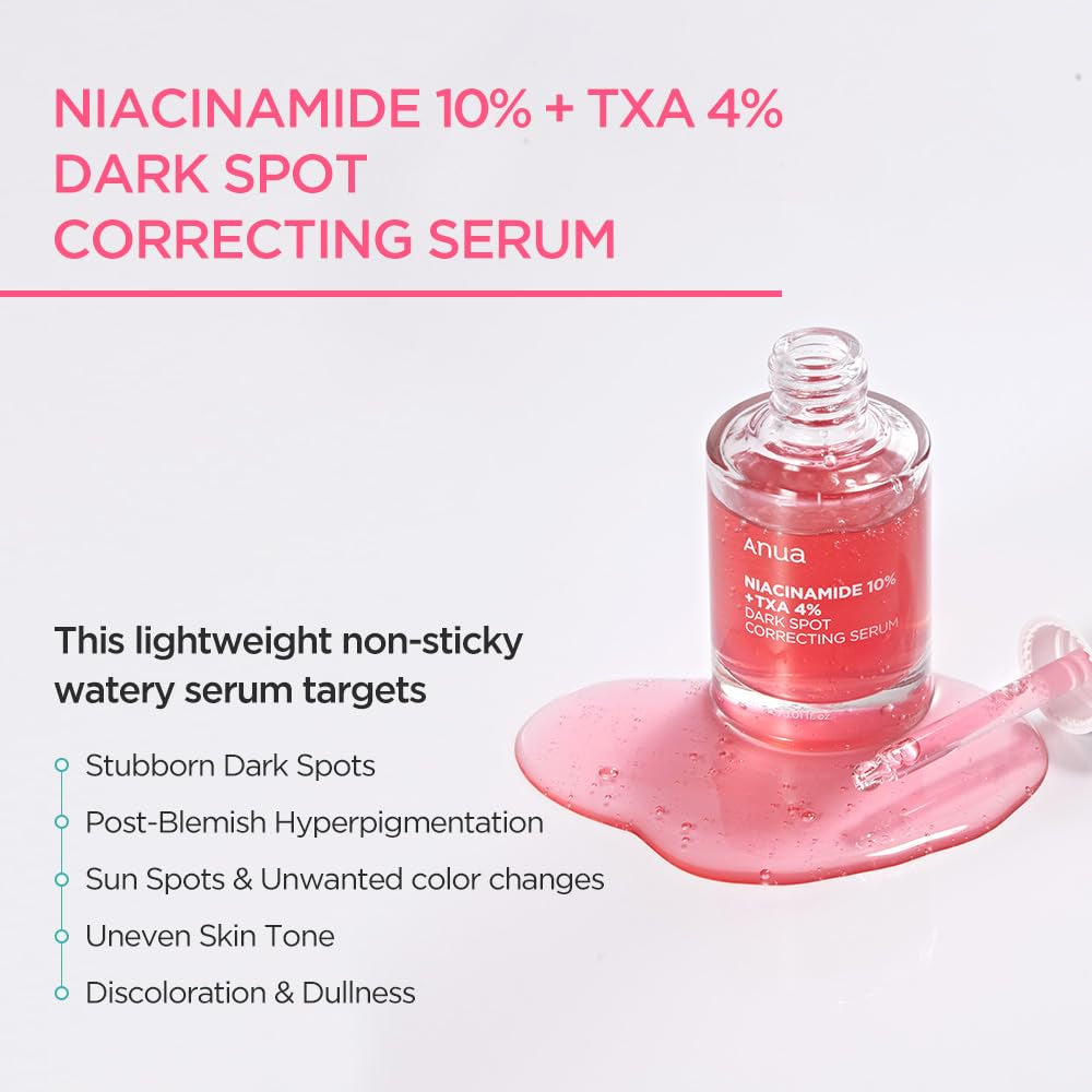 Anua Dark Spot Correcting Serum /10% Niacinamide+ 4% Tranexamic Acid,For Post-Acne Marks, Acne Scars, Sun Damage Hyperpigmentation, Discoloration and Even Skin Tone, Fragrance-Free (30Ml /1.01 Fl.Oz.)