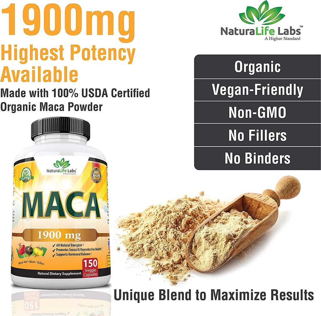 Organic Maca Root Black, Red, Yellow 1900 MG per Serving - 150 Vegan Capsules Peruvian Maca Root Gelatinized 100% Pure Non-Gmo Supports Reproductive Health Natural Energizer-Best Deal On Holiocare
