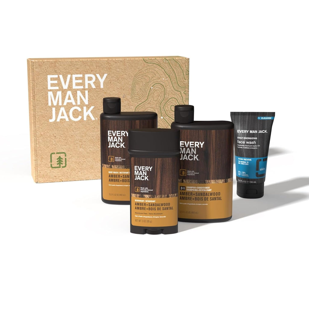 "Ultimate Men's Grooming Set - Luxurious Amber + Sandalwood Body Gift Set with Natural Ingredients & Irresistible Scent - Includes Body Wash, 2-In-1 Shampoo, Deodorant & Face Wash for a Complete Routine"