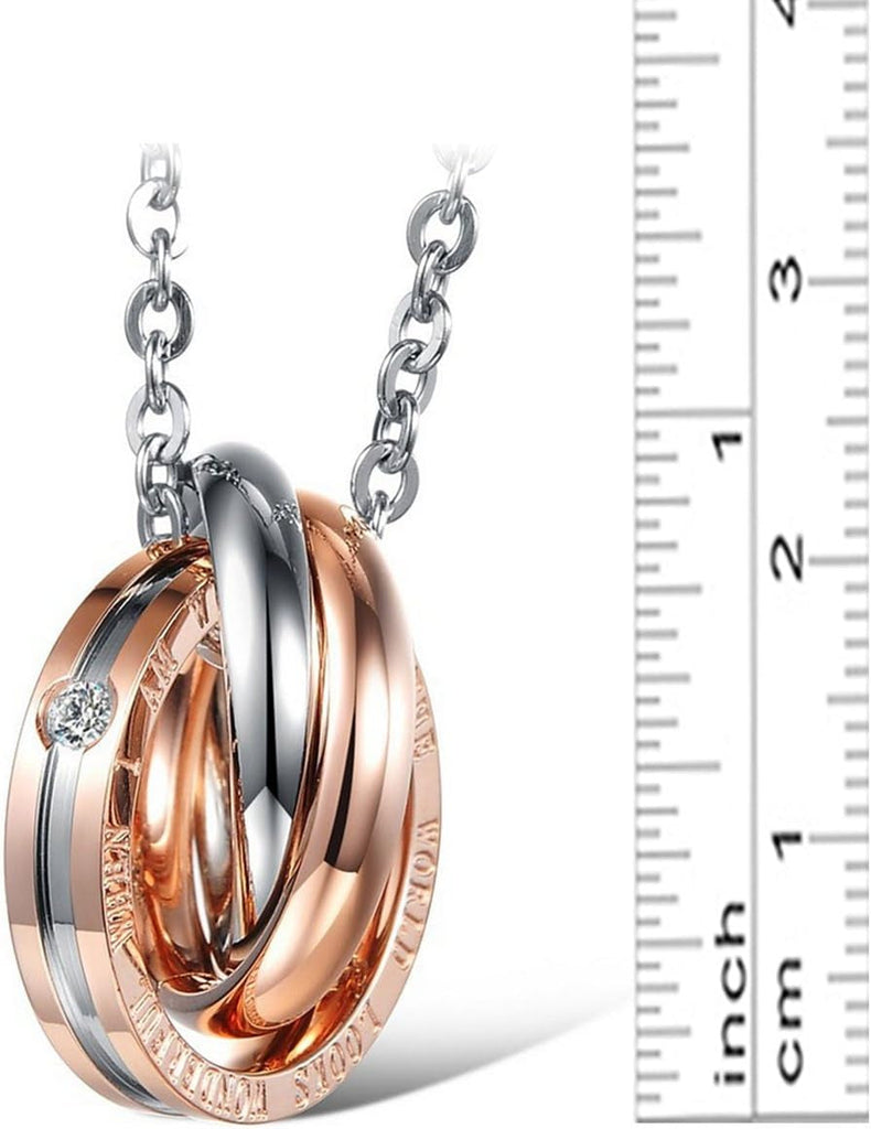 "OIDEA Stainless Steel Lover's Message Pendant Necklace Set - Express Your Love with Dual Rings and Chain"