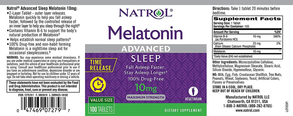 Natrol Melatonin Advanced Sleep Tablets with Vitamin B6, Helps You Fall Asleep Faster, Stay Asleep Longer, 2-Layer Controlled Release, 100% Drug-Free, Maximum Strength, 10Mg, 100 Count