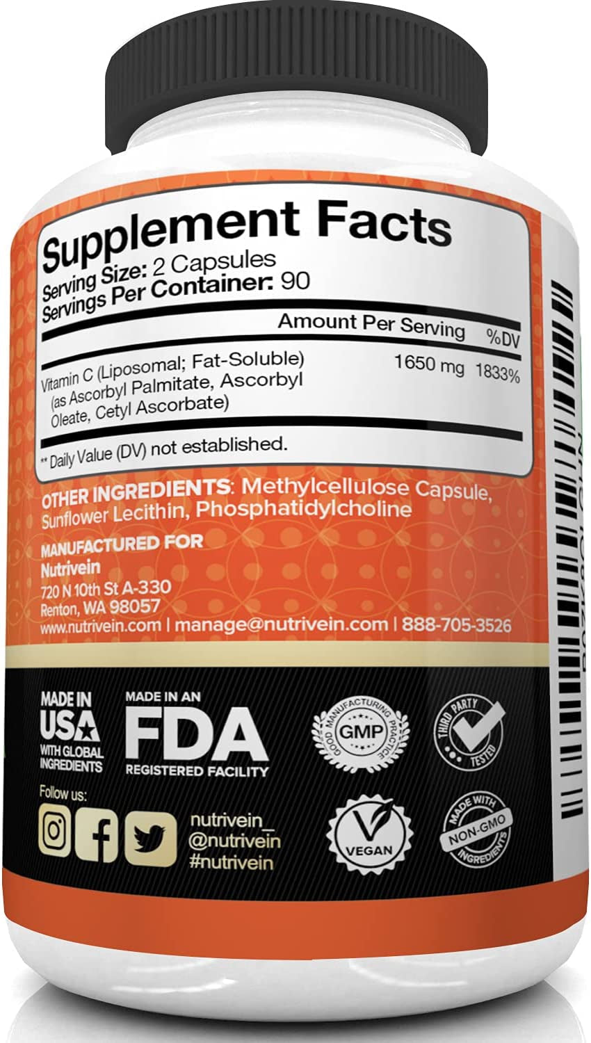 Nutrivein Liposomal Vitamin C 1650Mg - 180 Capsules - High Absorption Ascorbic Acid - Supports Immune System & Collagen Booster - Powerful Antioxidant