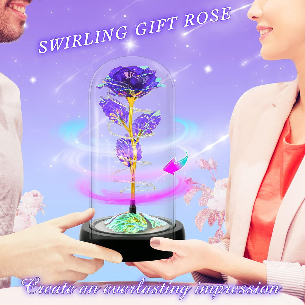 "Enchanting Rotating Rose Gift: Perfect for Birthdays, Christmas, and Anniversaries! Dazzling Light-Up Rose in Glass Dome with Spinning Colorful Artificial Rose - A Beautiful Gift for Her"