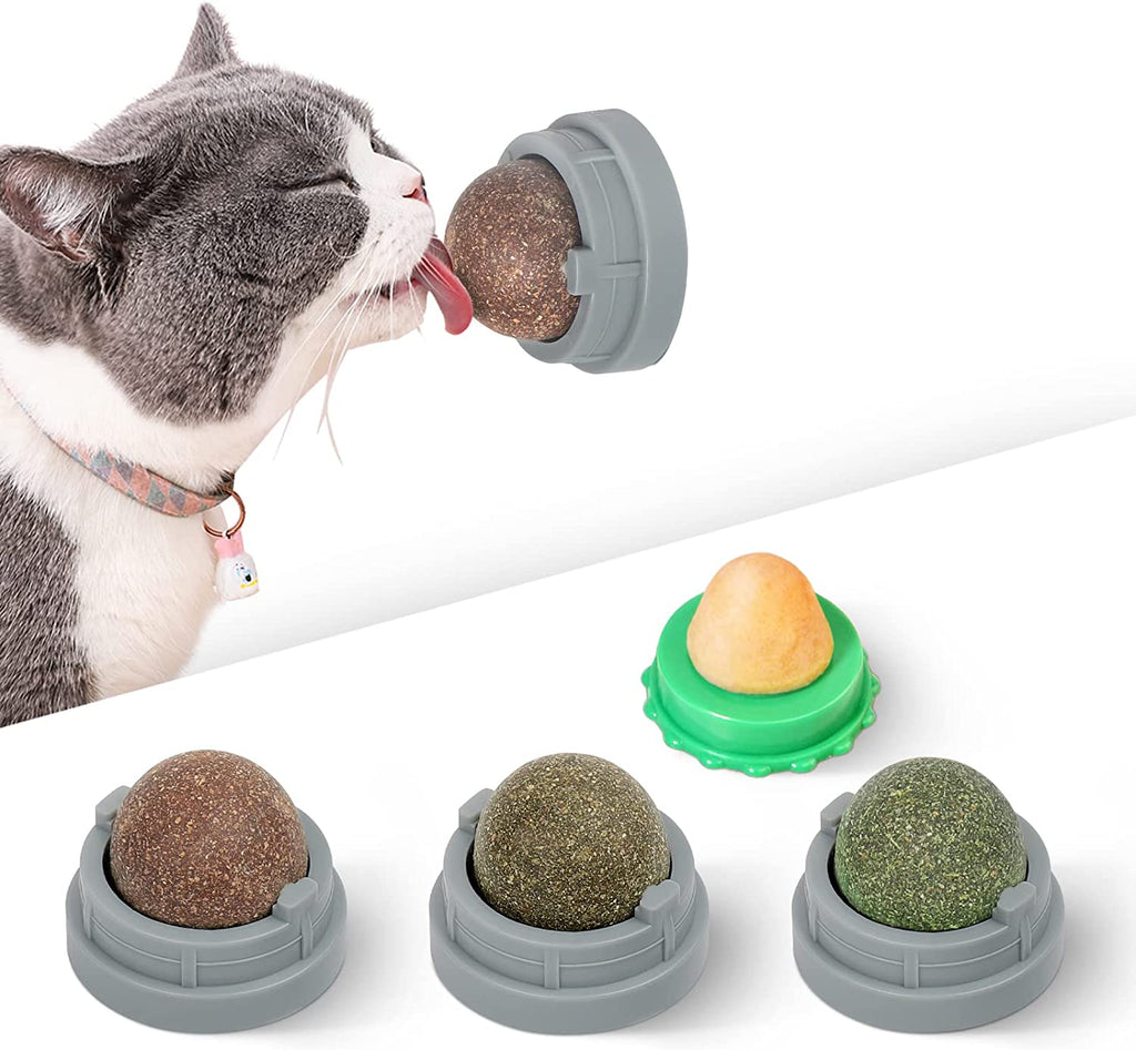Potaroma Catnip Silvervine Balls 4 Pcs, Extra Cat Energy Ball, Edible Kitty Lick Toys, Healthy Kitten Chew, Teeth Cleaning Dental Cat Toy, Cat Wall Treats (Grey)