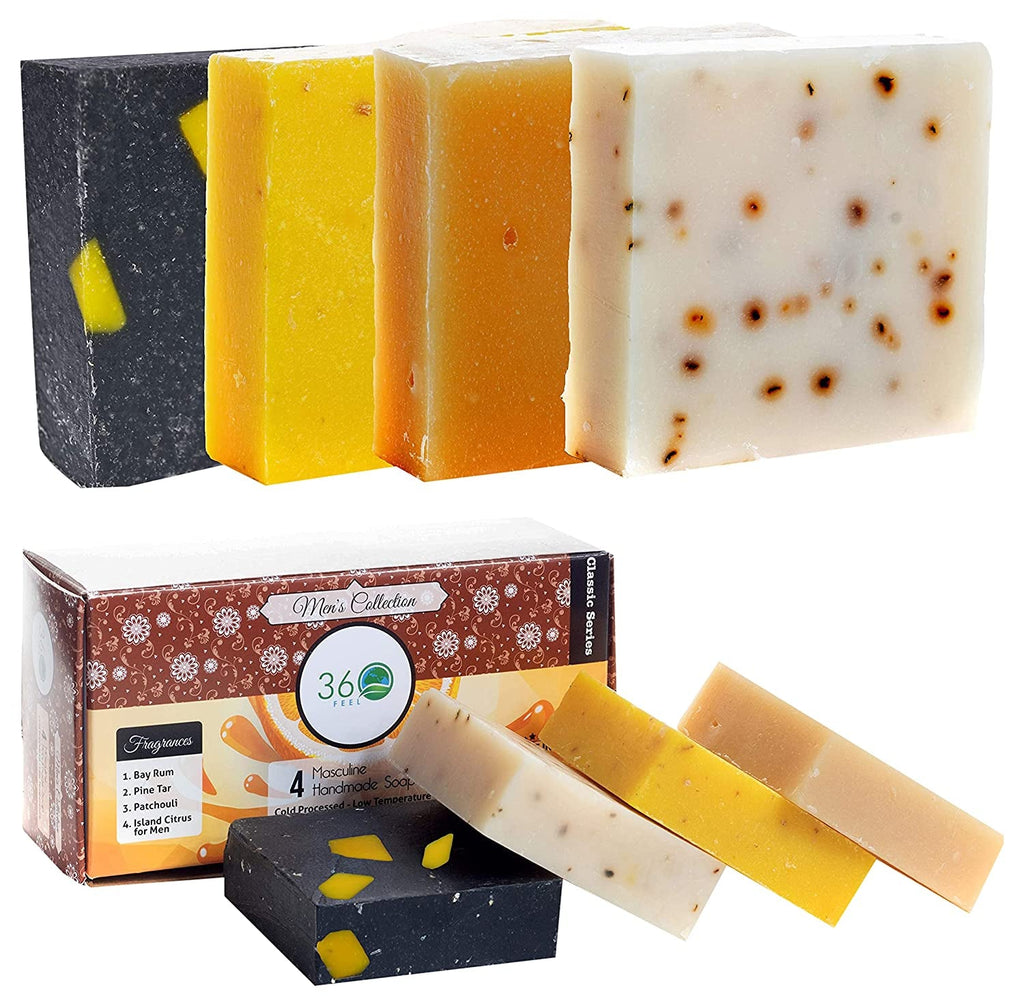 "360 Feel Men's Soap Bar Gift Pack - Handmade with Masculine Fragrance - Patchouli, Pine Tar, Charcoal Beeswax, and Citrus - Natural Men's Soap - Perfect Gift for Him - Bay Rum Scent - 4 Bars in 1 Pack"