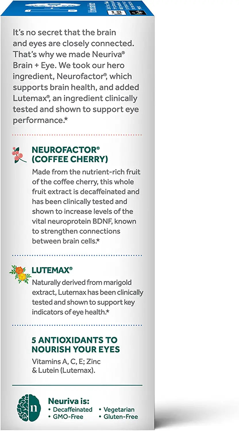 Lutein & Coffee Cherry – Neuriva Brain + Eye Support Capsules (30 Count in a Box), with Vitamins a C E, Zinc, Zeaxanthin, Antioxidants, Filters Blue Light, Decaffeinated, Vegetarian, Gluten & GMO Free