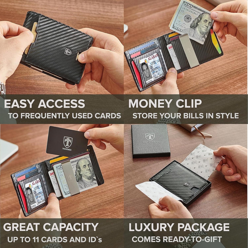 "Ultimate Slim Wallet: TRAVANDO Mens RFID Blocking Bifold Credit Card Holder with Money Clip - Stylish and Secure - Perfect Gift!"