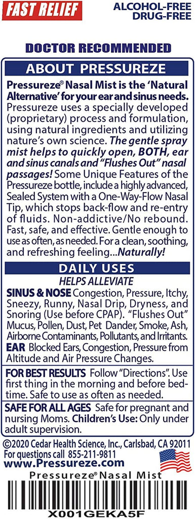Pressureze Nasal Spray - All Natural Preservative-Free Sterile - Fast Relief Nasal Spray - for Sinus Allergies Congestion Blocked Ears Loud Snoring | 130 Sprays, 18 Ml