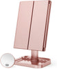 "Illuminate Your Beauty: Rose Gold Trifold Makeup Mirror with Lights, 10X 3X 2X Magnification, Touch Control, Dual Power Supply - Perfect Portable LED Vanity Mirror for Women"
