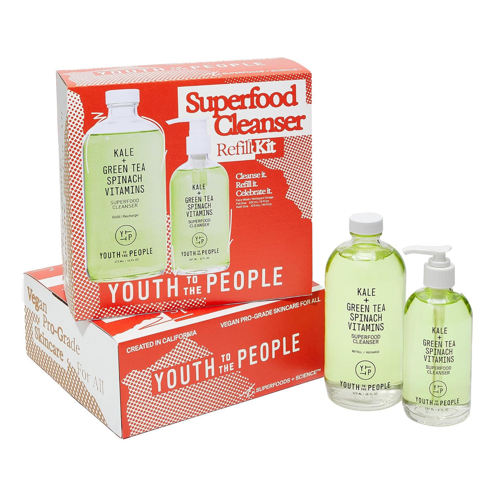 "Ultimate Youthful Glow: Superfood Cleanser Refill Kit - 8Oz Pump Bottle + 16Oz Refill - pH Balanced, Non-Drying Gel Face Wash + Makeup Remover for All Skin Types"