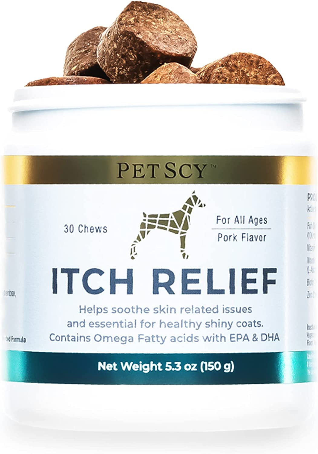 Petscy - Dog Itch Relief with Fatty Acids, EPA, DHA, & Omega, Nutritional Support, Chews for All Ages, Pork Flavor, 30 Chews