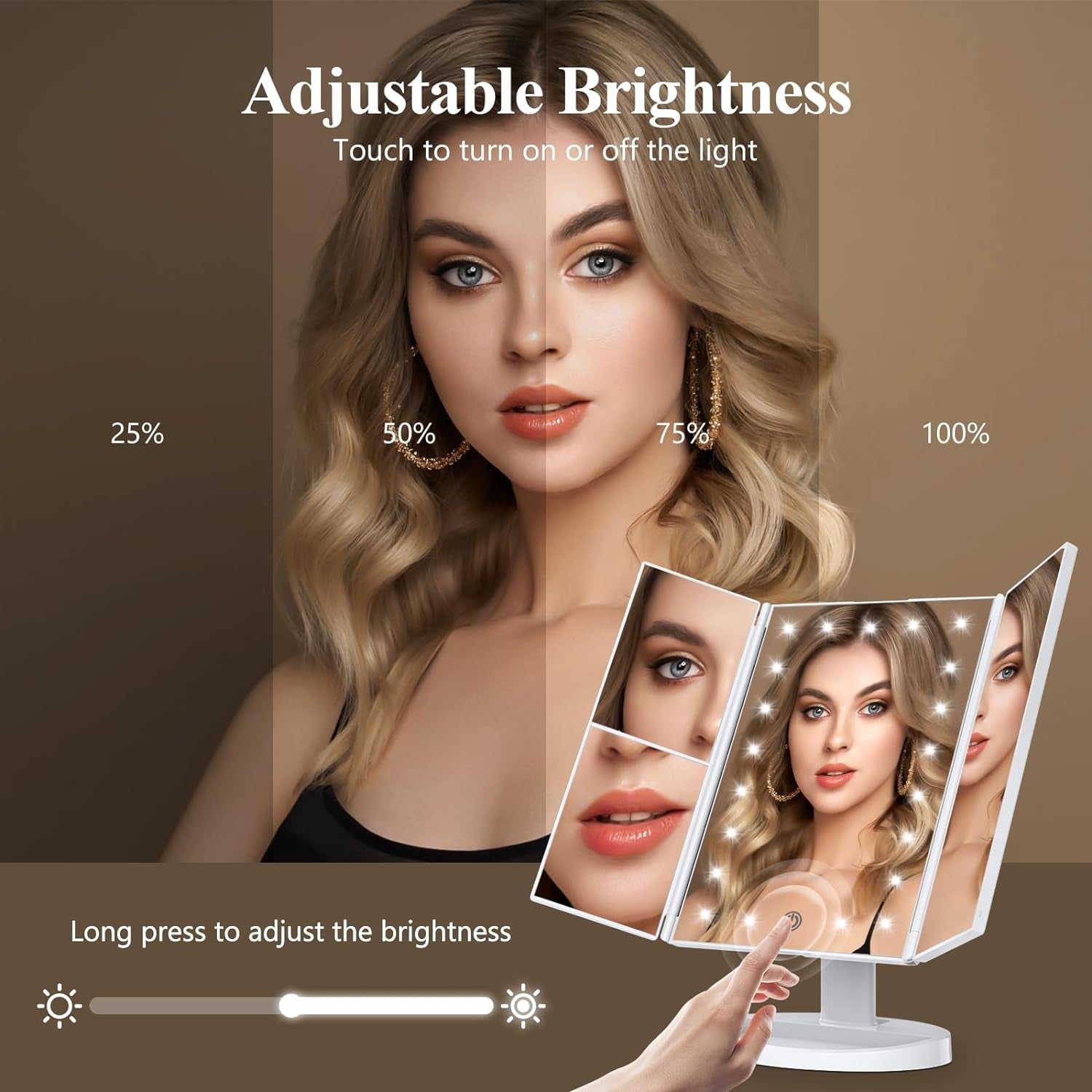 "Illuminate Your Beauty: Tri-Fold LED Makeup Mirror with Touch Control, 10X Magnification, and Dual Power Supply - Perfect Women's Gift in Elegant White"
