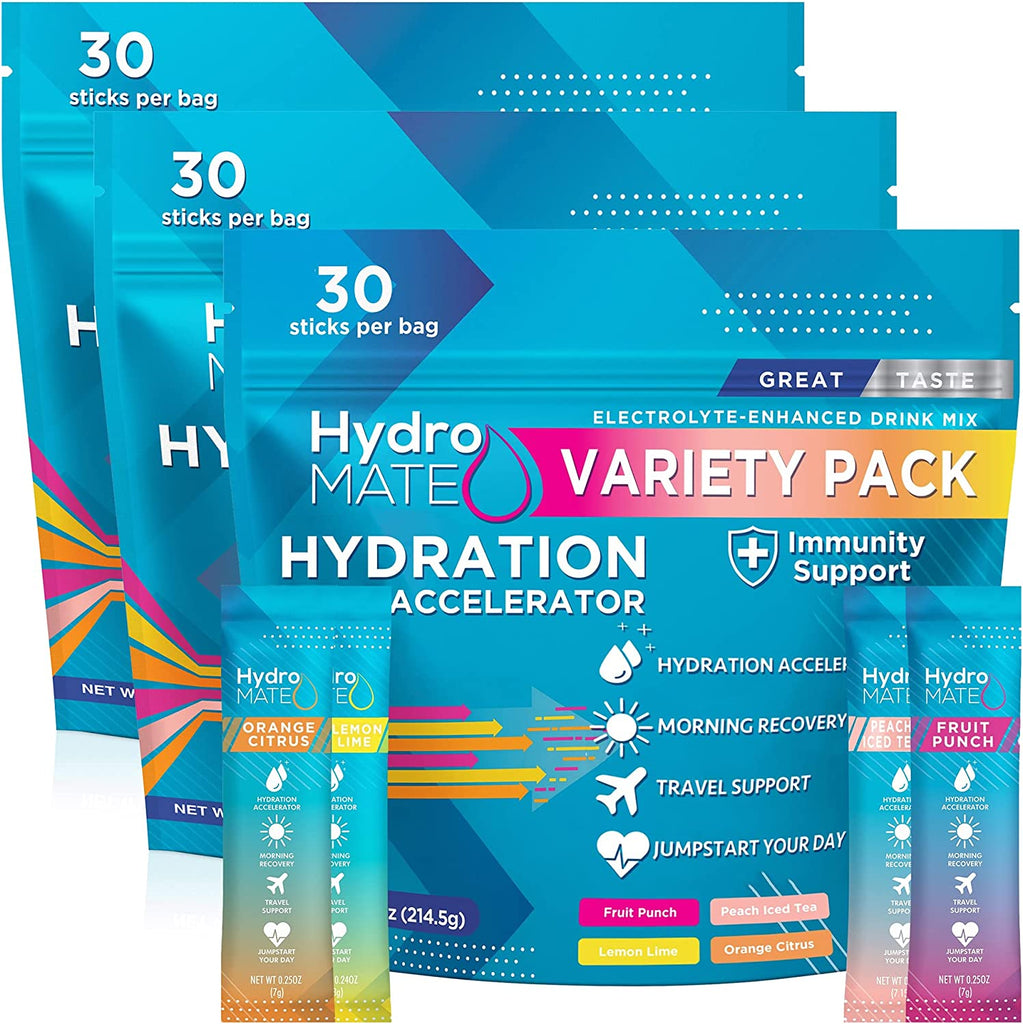 "Revitalize and Recharge with Natureworks Hydromate Electrolytes Powder Drink Mix - Boost Hydration, Speed Up Recovery, and Enhance Immunity - 30 Count Variety Pack"