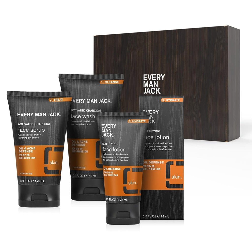 "Ultimate Men's Skin Care Set - Complete Routine with Oil and Acne Defense - Includes Activated Charcoal Face Wash, Scrub, and Mattifying Lotion - Fragrance Free for Healthy and Clear Skin"