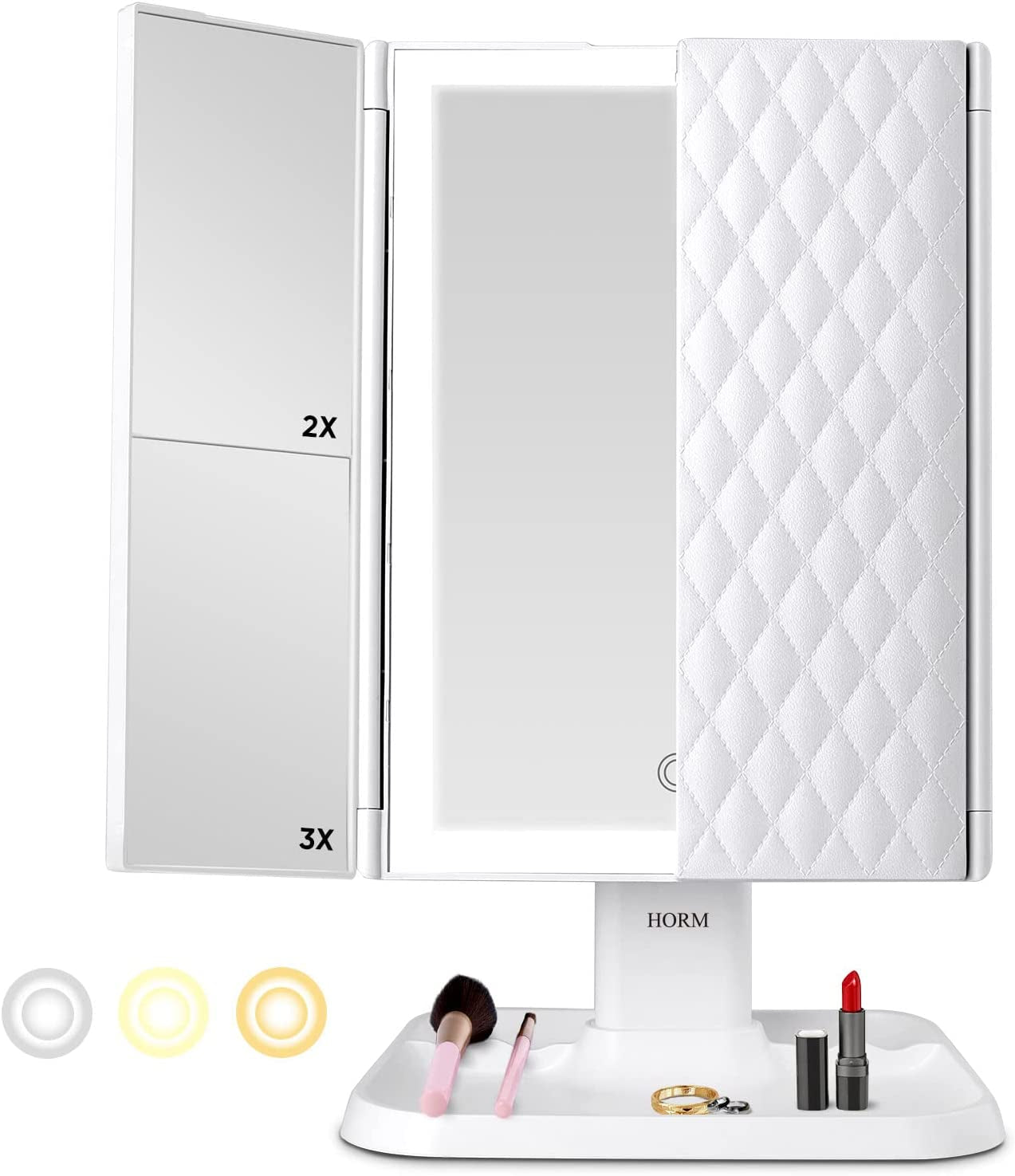"Illuminate Your Beauty with the HORM Makeup Mirror Vanity - Trifold Mirror with 3 Color Lighting Modes, 72 LED Lights, and Multiple Magnifications for a Flawless Look - Touch Control, Portable and High Definition - JING-007"