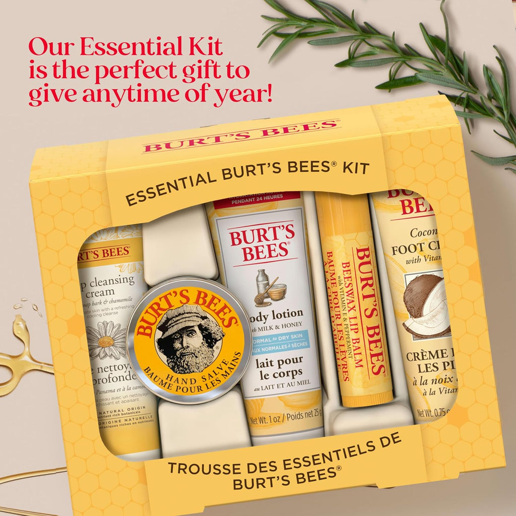 "Burt's Bees Holiday Gift Set: 5 Must-Have Stocking Stuffers for Everyday Pampering - Includes Beeswax Lip Balm, Deep Cleansing Cream, Hand Salve, Body Lotion & Coconut Foot Cream - Perfect for Travel!"
