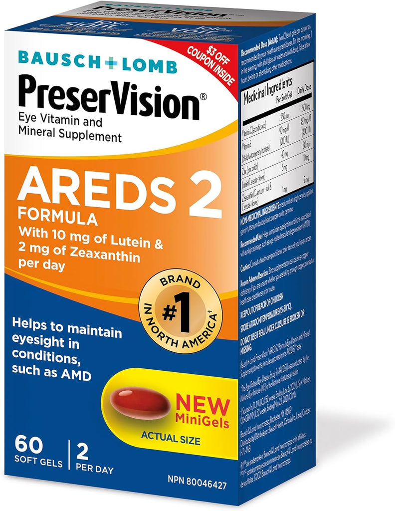 Preservision AREDS 2 Eye Vitamin & Mineral Supplement, Contains Lutein, Vitamin C, Zeaxanthin, Zinc & Vitamin E, 60 Minigels (Packaging May Vary)