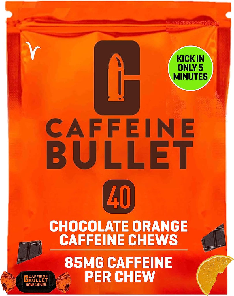 "Boost Your Energy and Performance with Caffeine Bullet 40 Chocolate Chews - Delicious Chocolate Orange Energy Gummies with 85mg of Caffeine. Power Up Your Cycling, Endurance Sports, and Stay Awake!"
