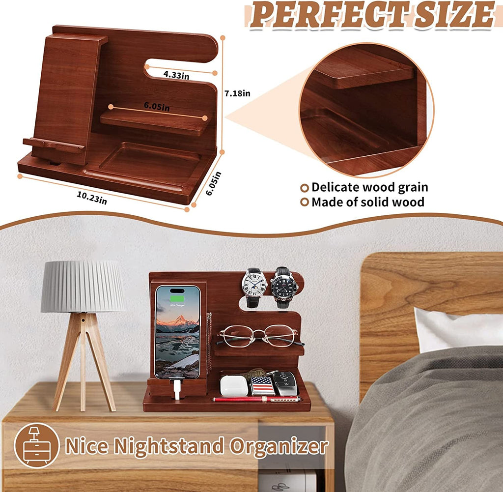 "Ultimate Wood Phone Docking Station - The Perfect Gift for Him: Husband, Dad, or any Man in Your Life! Keep His Nightstand Organized with a Stylish Cell Phone Stand, Watch Holder, and Wallet Station.