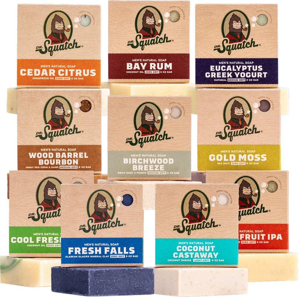 "Ultimate Dr. Squatch Men's Bar Soap Gift Set - 10 Natural Bars for an Invigorating Shower Experience - Birchwood Breeze, Fresh Falls, Wood Barrel Bourbon, and More!"