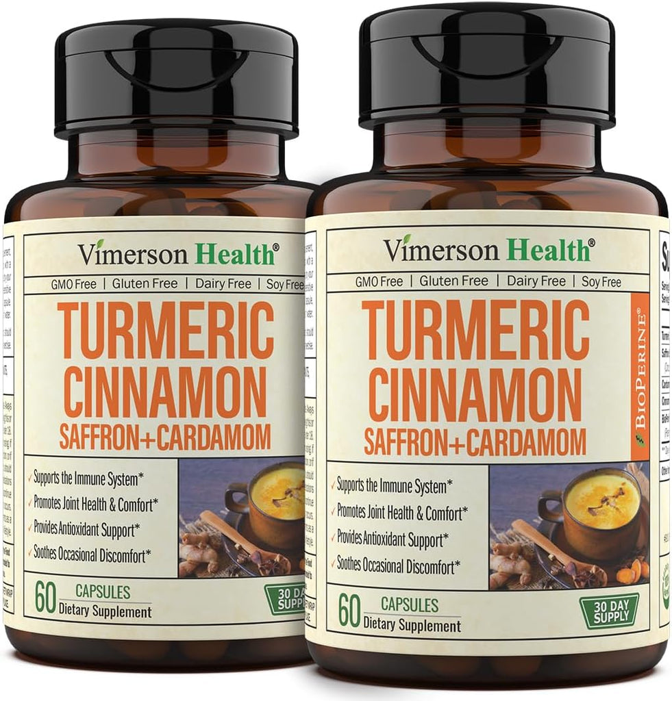 Turmeric Saffron Supplements with Cinnamon & Cardamom - Antioxidant Joint Support Supplement Contains Turmeric Curcumin with Black Pepper for Mood, Memory, Eye Health & Well-Being - 60 Capsules