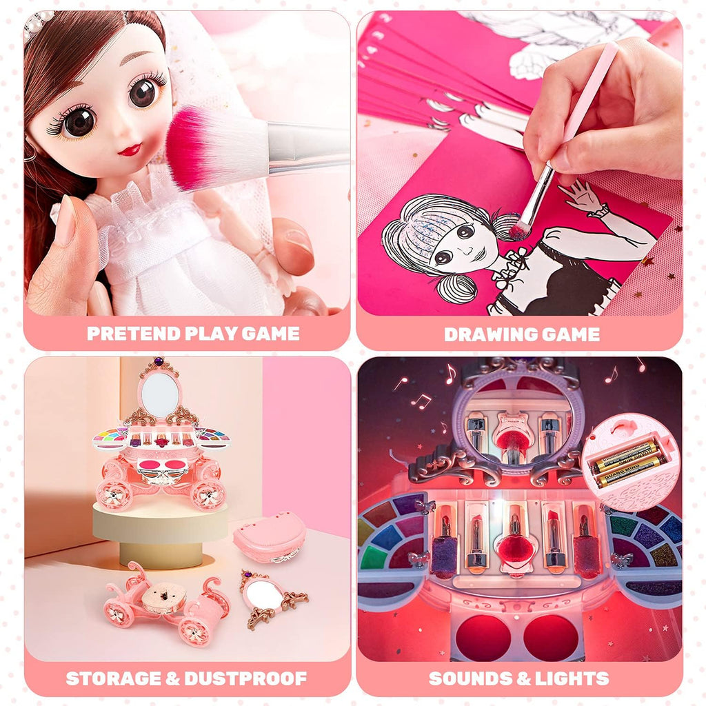 "Princess Glamour Kit: 3-in-1 Play Makeup Set with Washable & Non-Toxic Cosmetics, Doll, and Pretend Play Cards - Perfect Birthday Gift for Stylish Toddlers (Ages 3-8)"
