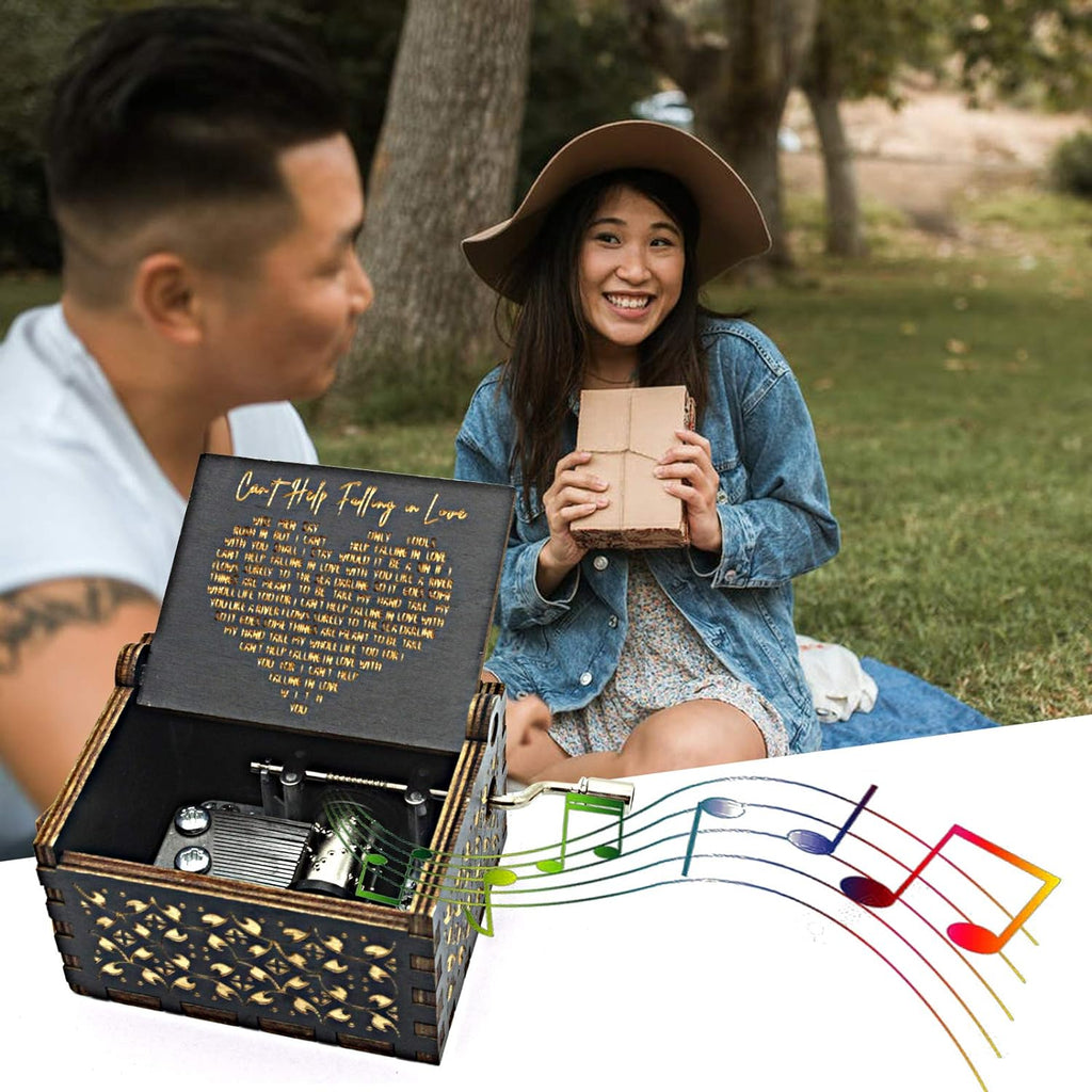 "Enchanting Can't Help Falling in Love Wood Music Box - Antique Engraved Musical Case for Your Loved One - Perfect Gift for Your Special Someone (BLACK)"