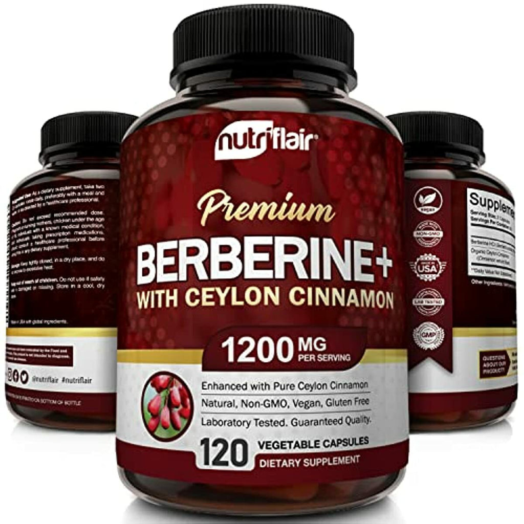 NutriFlair Premium Berberine HCL 1200mg, 120 Capsules - Plus Pure True Ceylon Cinnamon, Berberine HCI Root Supplement Pills - Supports Glucose Metabolism, Immune System, Healthy Weight Management