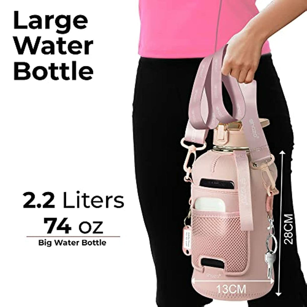 Half Gallon 2.2L Sports Water Bottle With Straw and Built In Wallet 74oz Large Gym Drink Container, Storage Sleeve, Bottle Brush, Phone Pocket - BPA Free Big Jug, Carry Handle Aesthetic Look - Pink