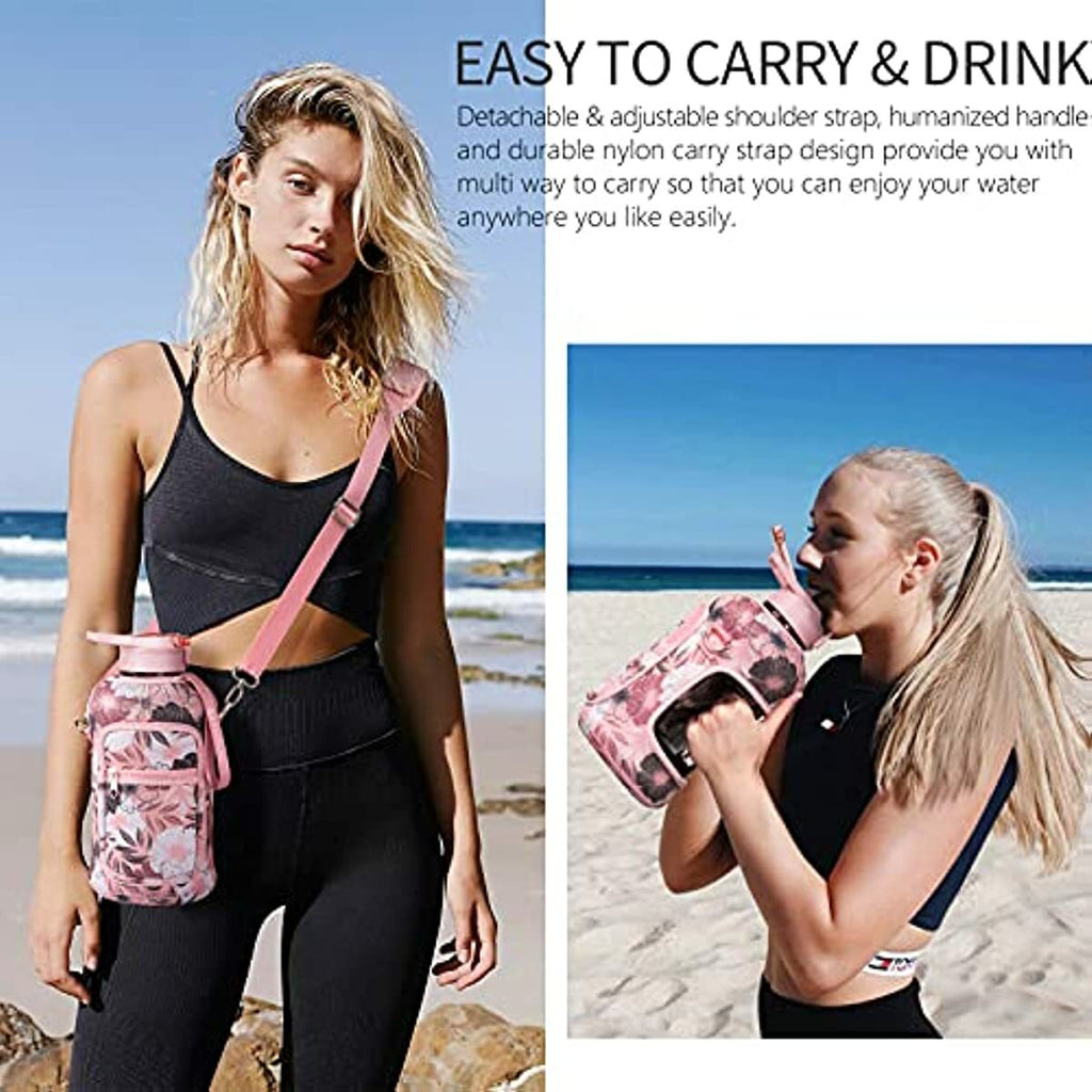 Half Gallon 64oz Water Bottle With Straw Lid Strap and Holder Bpa