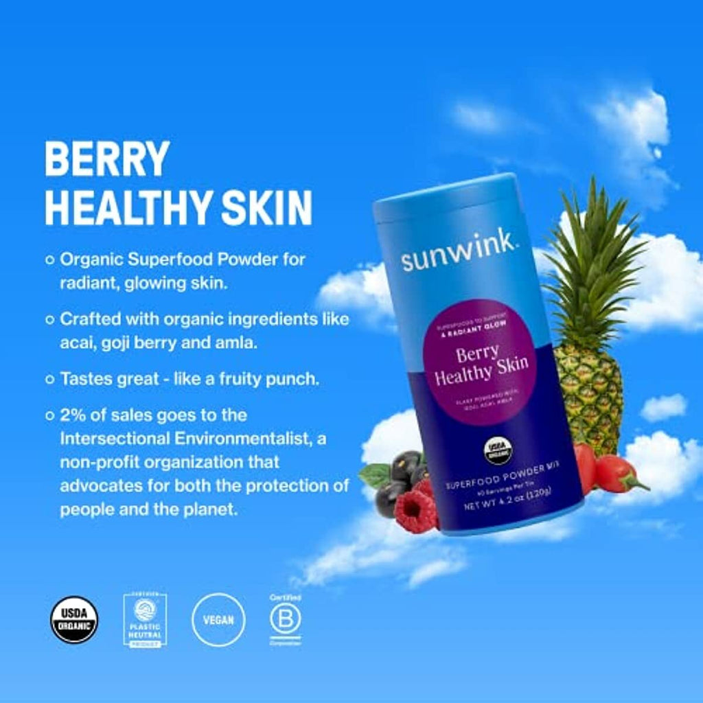 Sunwink Berry Healthy Skin Organic Superfood Powder Mix Antioxidants for Glowing Radiant Skin, Hydration Support, Plant Based Drink Mix with Acai Berry, Amla, Goji Berry, No Added Sugar (40 Servings)