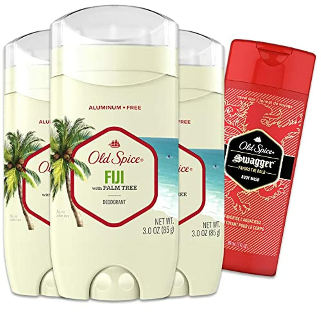 Old Spice Men's Deodorant Aluminum-Free Fiji with Palm Tree, 3oz Pack of 3 with Travel-Size Swagger Body Wash