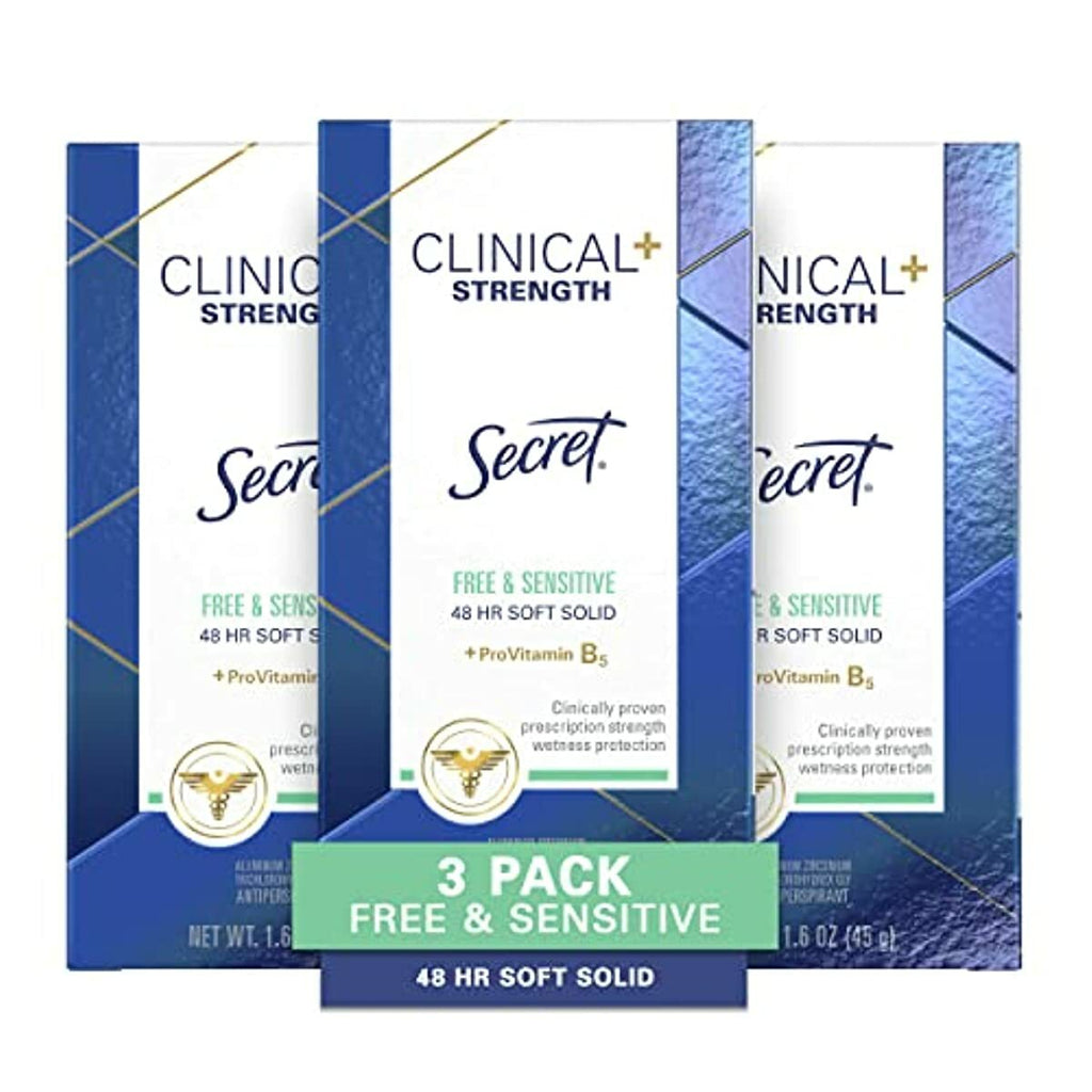 Secret Clinical Strength Antiperspirant and Deodorant for Women, Soft Solid, Free & Sensitive, 1.6 oz, Pack of 3