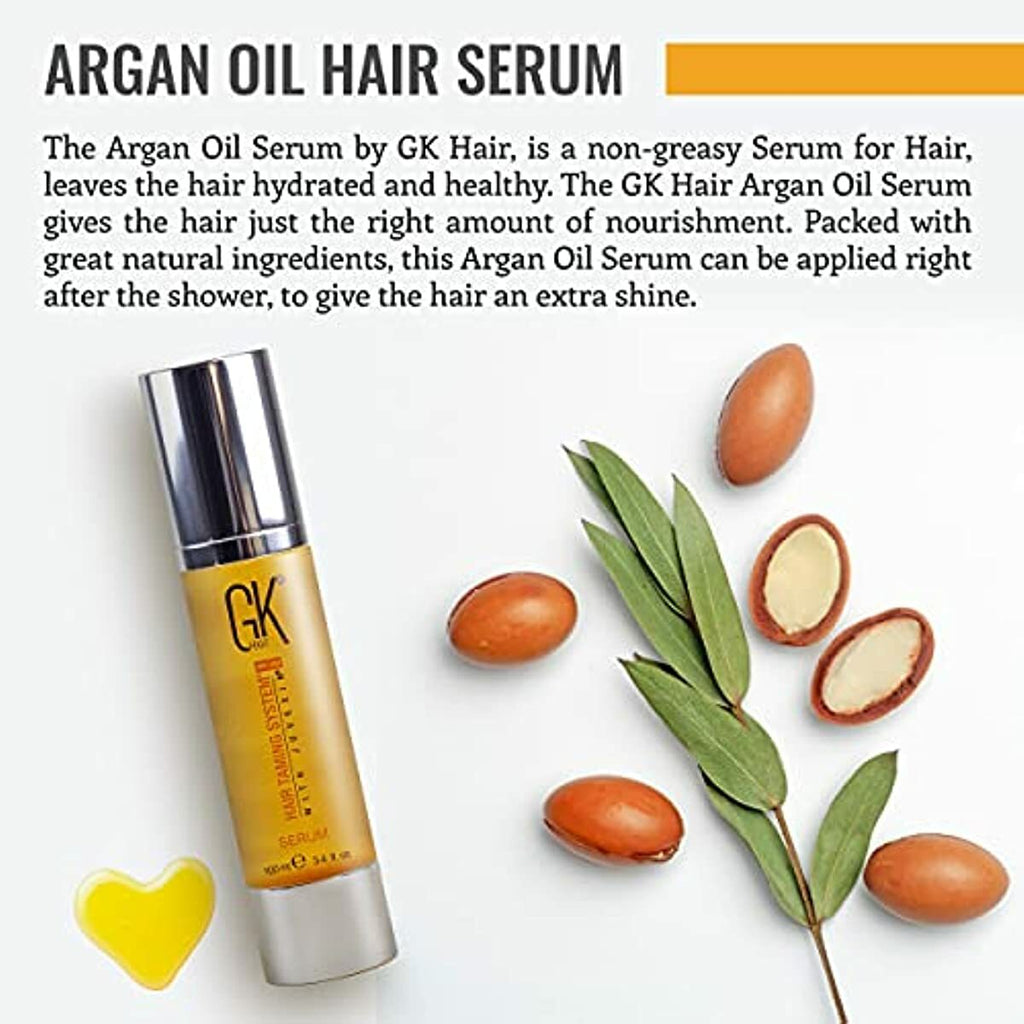 GK HAIR Global Keratin 100% Organic Argan Oil Anti Frizz Hair Serum (3.4 Fl Oz/100ml) Styling Smoothing Strengthening Hydrating & Nourishing Heat Protection Shine Frizz Control Dry Damage Hair Repair