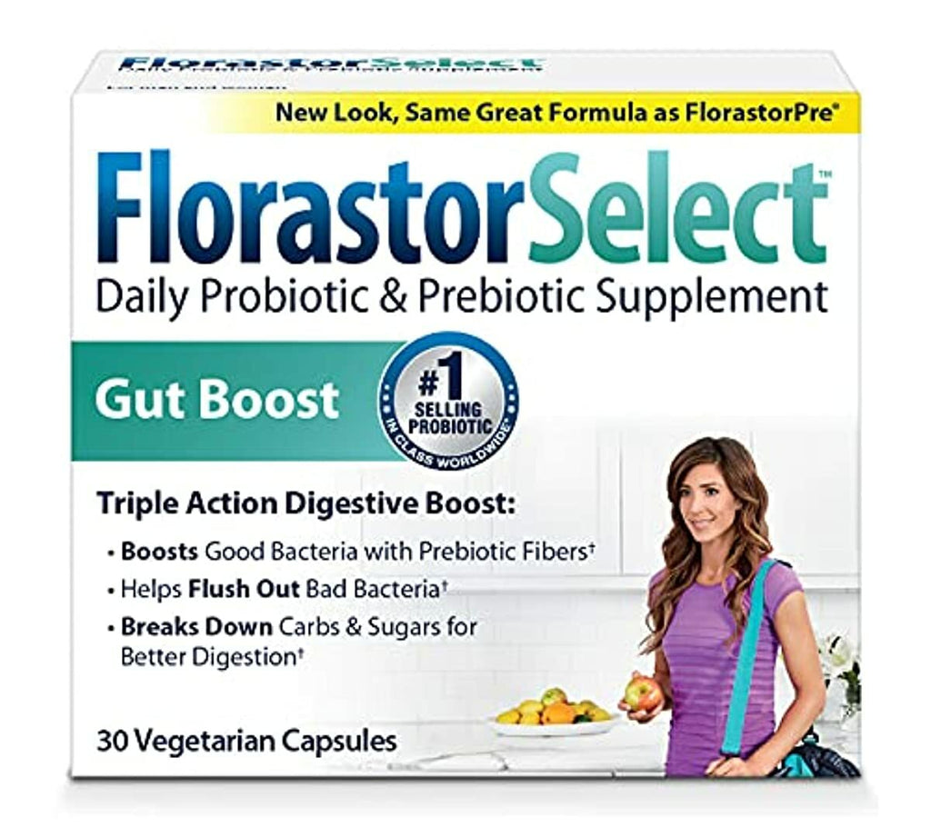 Florastor Select Gut Boost Daily Probiotic & Prebiotic Supplement for Women and Men, Boosts Good Bacteria, Saccharomyces Boulardii CNCM I-745 (30 Capsules)
