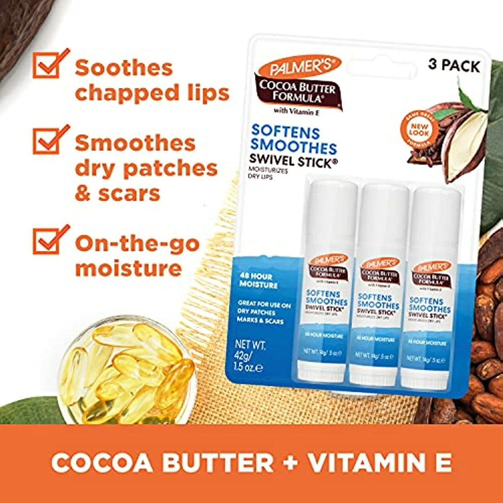 Palmer's Cocoa Butter Formula Moisturizing Swivel Stick with Vitamin E, Lip Balm, Face & Body Stick Moisturizer Ideal for Treating Dry Skin Patches (Pack of 3)